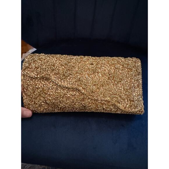 Vintage Gold/Yellow Beaded clutch 9x4.5x1.5 Made in Hong Kong - Picture 8 of 14
